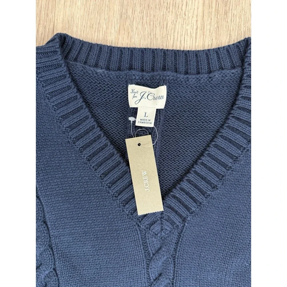 J.Crew Cable-Knit Sweater Vest L Large Navy Blue Cotton Preppy Academia NWT